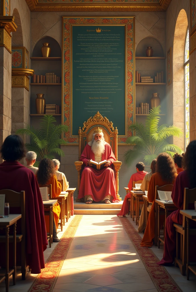 clearing, Here are some detailed descriptions of scenes you can use to illustrate Proverbs 1:1-7:

1. **Scene 1: Solomon on the Throne**
   - **Description**: Solomon sits on a majestic throne in the center of a great hall. He wears a luxurious robe and a crown. Around her, there are open scrolls on an ornate table. His subjects, dressed in different clothes, are standing or sitting, listening intently. Soft light illuminates Solomon and the scrolls, symbolizing the importance of proverbs.
   
2. **Scene 2: Teaching and Discipline**
   - **Description**: An elderly sage stands in a simple classroom, but well organized. He is standing in front of a board or scroll with written instructions. A group of young people are sitting on benches, paying attention with expressions of curiosity and respect. The wise man uses expressive gestures to emphasize what he is teaching, and a calm and orderly environment reinforces the idea of discipline.

3. **Scene 3: Path of Life**
   - **Description**: a figure (Man or woman) is walking along a straight and well-lit path, surrounded by a serene natural environment. Trees and flowers in full bloom are beside the path. The person has a confident and satisfied expression, reflecting the idea of a successful and disciplined life. Ao fundo, you can see a fork in the road, but the character follows firmly on the illuminated path.

4. **Scene 4: Judgment and Knowledge**
   - **Description**: A scene split in half. On one side, a group of young people sit around a wise mentor, absorbing knowledge and taking notes. on the other side, a group of naive people are in a disorganized environment, with confused expressions and lack of direction. The contrast highlights the impact of learning and lack thereof.

5. **Scene 5: The Sage and Wisdom**
   - **Description**: A wise man is sitting in an ancient library, surrounded by piles of books and scrolls. He is concentrating on an open book
