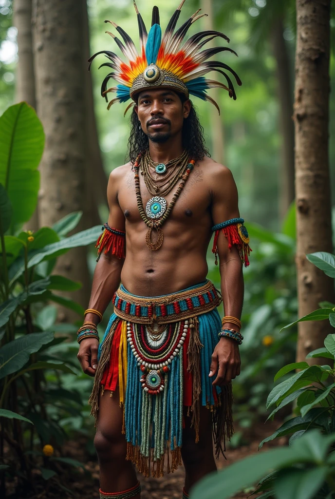 (((indigenous man))) best qualityer, very high resolution, Detailed CG in 4K, work of art, Amazon Brazil, Indigenous, Indigenous tribes, Indigenous city, forst, aesthetics, Beautiful picture, centered on screen, whole body