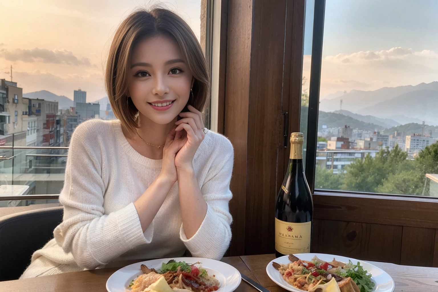 （Realistic:1.1）,(masterpiece,Highest quality)，8k,(49 years old), 53 years old, ベリーslimボディ、slimカップル、Tight waist,Upper Body,full-course dinner、wine 、Amazing view of the sunset sky and clouds、Perfect Anatomy, Brown Hair, short hair,Random Hairstyles,((Highly detailed face and eyes:1.2))，Perfect golden ratio face，Long sleeve shirt、dress,(smile:1.2)、Shortcuts、cute、(Realistic, Intricate details:1.2), A bright smile、short hair,Bright Face、赤wine 、Appetizers、Italian food、wine bottle、Champagne、スパークリングwine、(slimな顔), (The body is slim), (Brown Hair), (Shortcuts),  Upper Body, 白wine, slim, wineグラス, 