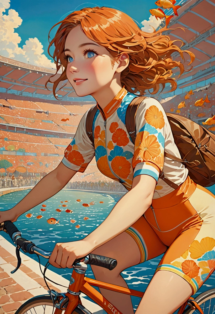 (masterpiece:1.4), (best quality:1.4), Extremely detailed, complex, Ultra Detailed, (Perfect face), illustration,Soft lighting, landscape, 1 girl riding a bicycle, Happy,  Bright russet hair, rich and colorful, Colorization, from_below ,fish_Costumes , stadium 