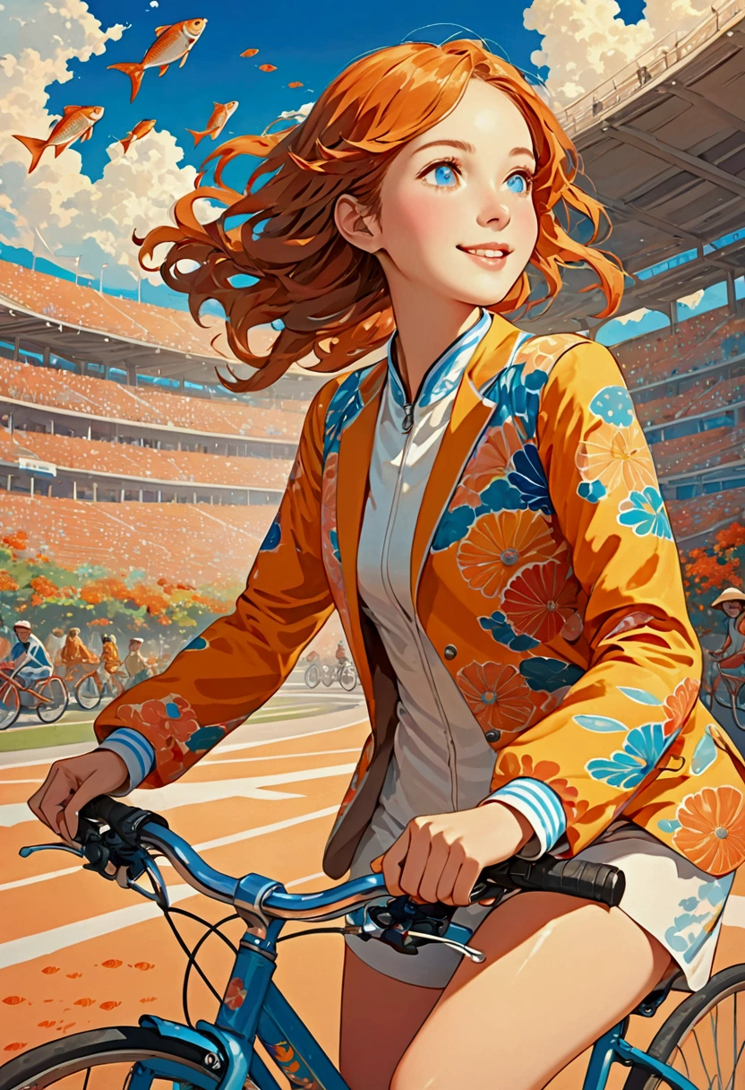 (masterpiece:1.4), (best quality:1.4), Extremely detailed, complex, Ultra Detailed, (Perfect face), illustration,Soft lighting, landscape, 1 girl riding a bicycle, Happy, Bright russet hair, rich and colorful, Colorization, from_below ,fish_Costumes , stadium