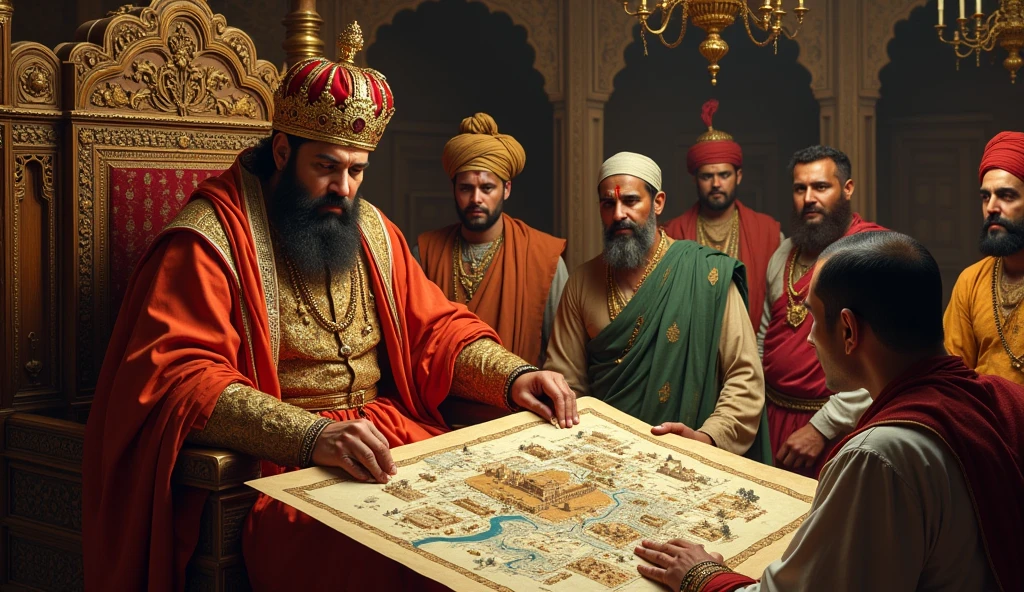 Akbar standing up from his throne in the Mughal court, his expression stern and reflective, holding a royal decree or a map that shows the reclaimed fort. The courtiers around him look anxious and subdued, while Akbar stares intently at the map, realizing the difficulty of defeating Maharana Pratap. The atmosphere is heavy with the weight of this realization.