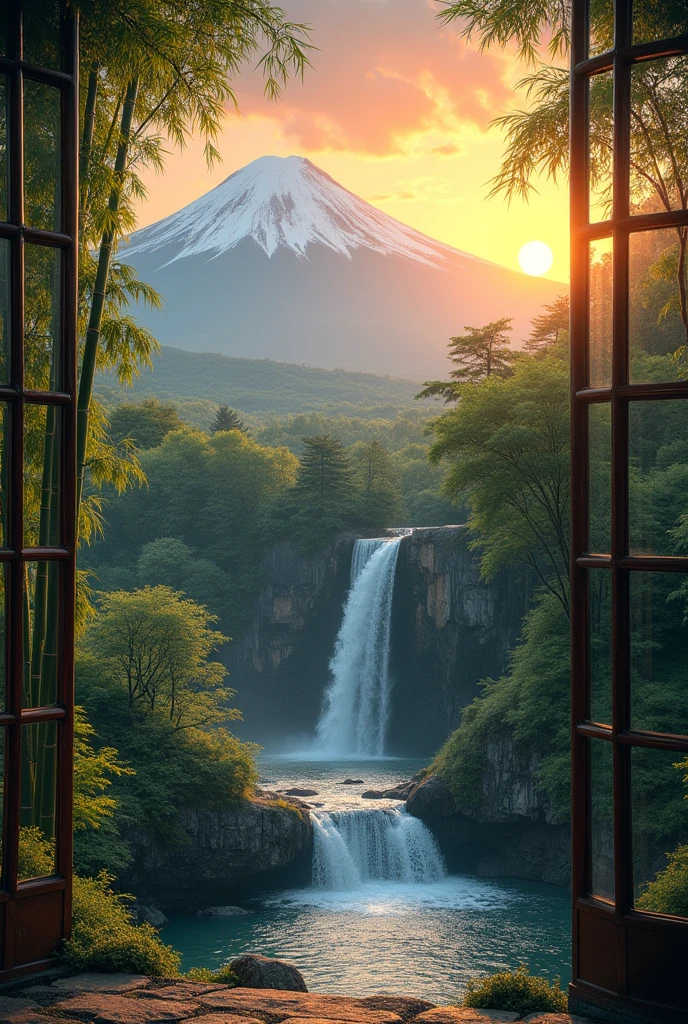 Fuji Mountain Waterfall basin bamboo forest Golden Cloud near window