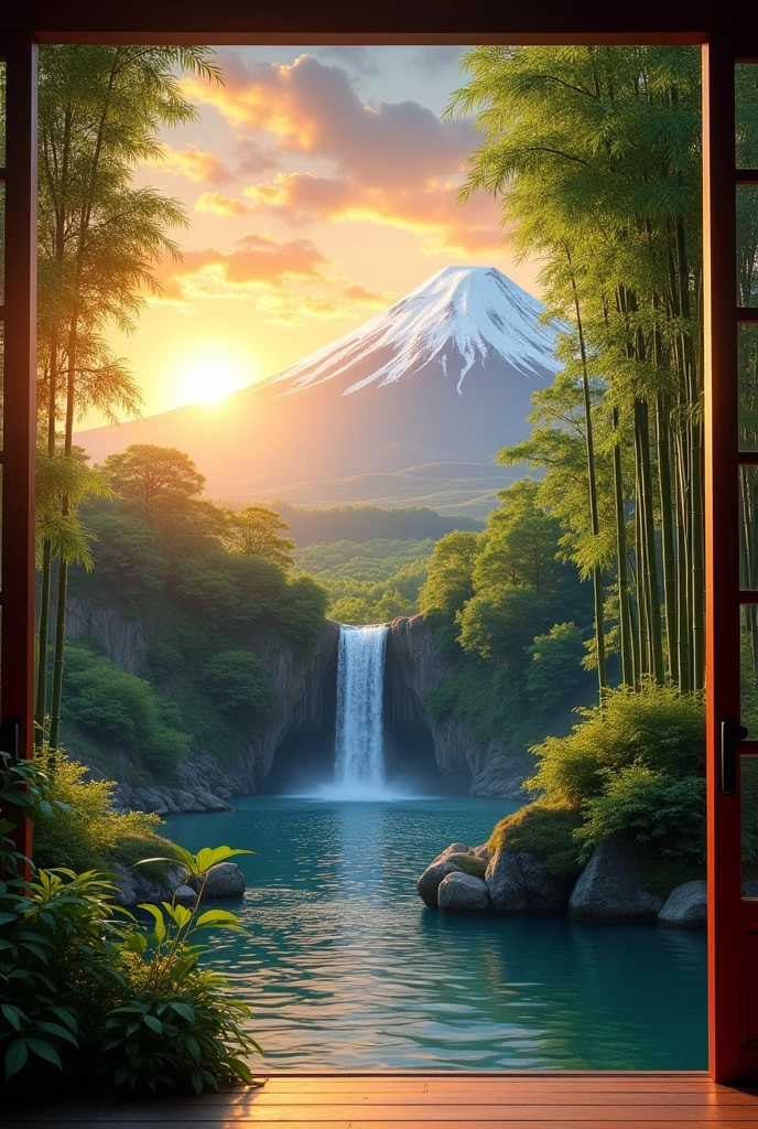 Fuji Mountain Waterfall basin bamboo forest Golden Cloud near window
