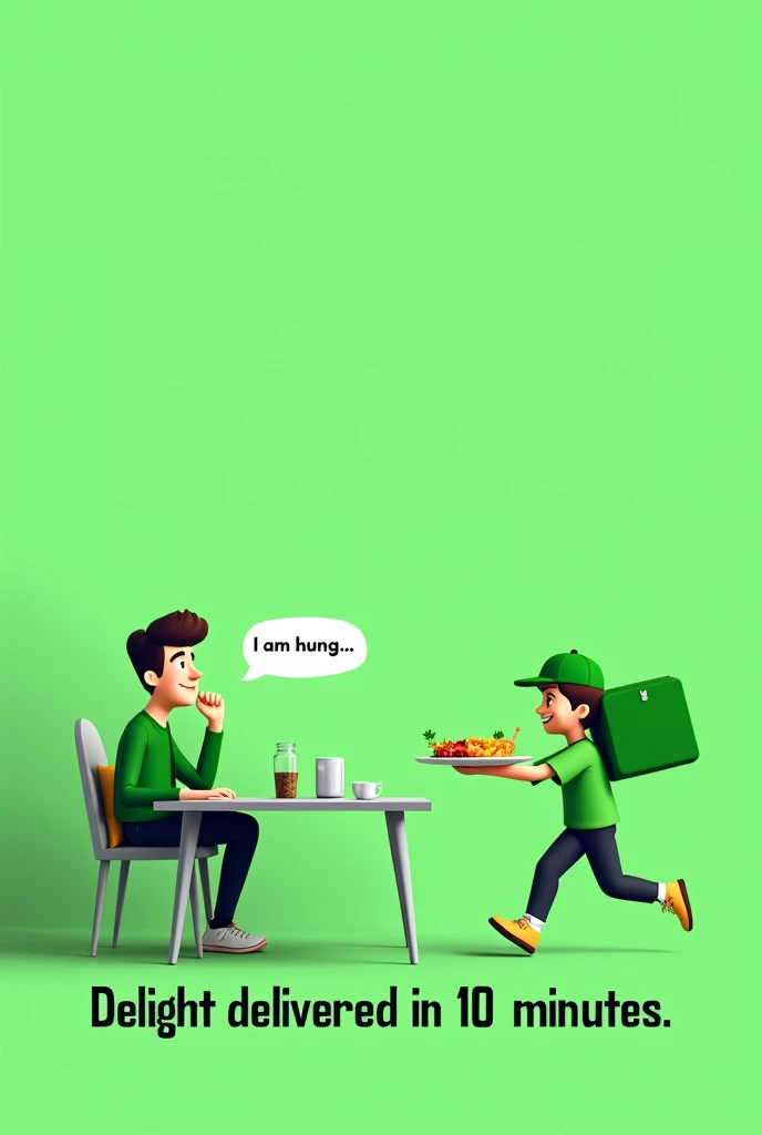 A green-themed, minimalistic advertisement for Swish, a food delivery startup. The image features a person sitting at a dining table hungry with a thought bubble that reads 'I am hung...'. Before the person can complete the thought, a delivery boy is swiftly running towards the dining table with food in hand. The setting is simple, with clean lines and a focus on green tones. At the top of the image, the text reads 'Faster than you can feel hungry,'  At the bottom, include the text 'Delight delivered in 10 minutes.'