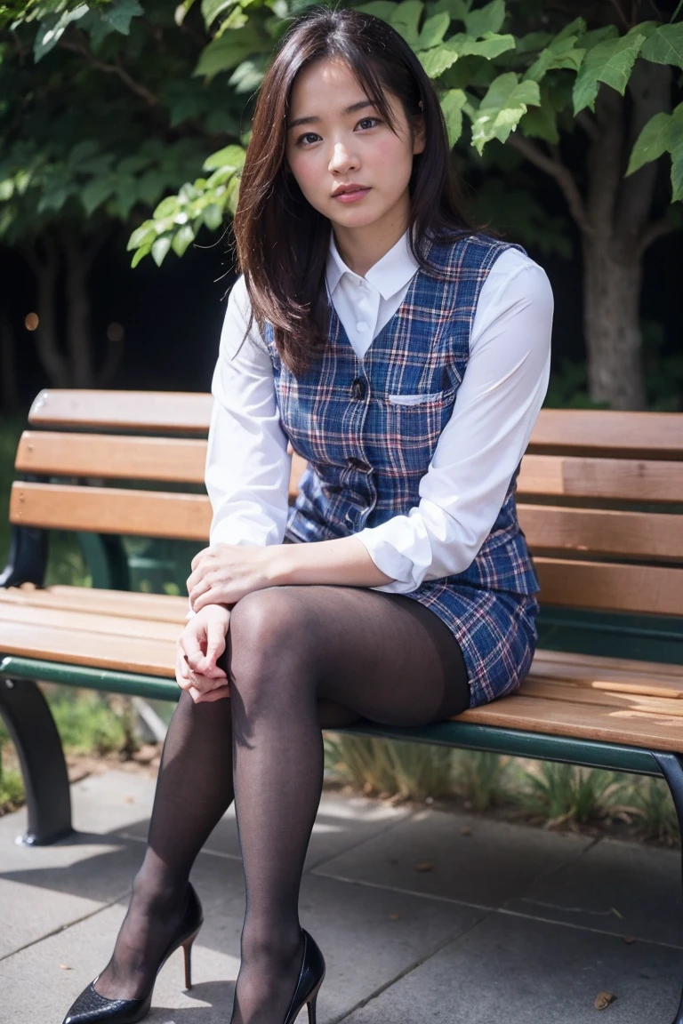 Urzan-6500-v1.1, (RAW Photos:1.2), (Realistic), (Genuine:1.4), 1、Perfect Anatomy、42 years old、Looking into the camera、Medium Long Hair、Plaid vest、((Sit on a bench:1.3))、(Ultra-realistic pantyhose:1.2), (High heels)、(Business services)、Cowboy Shot
