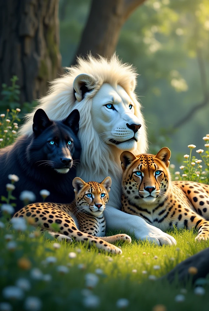 white lion with blue eyes, black wolf with blue eyes, blue-eyed leopard and aquamarine-eyed cheetah, everyone lying together