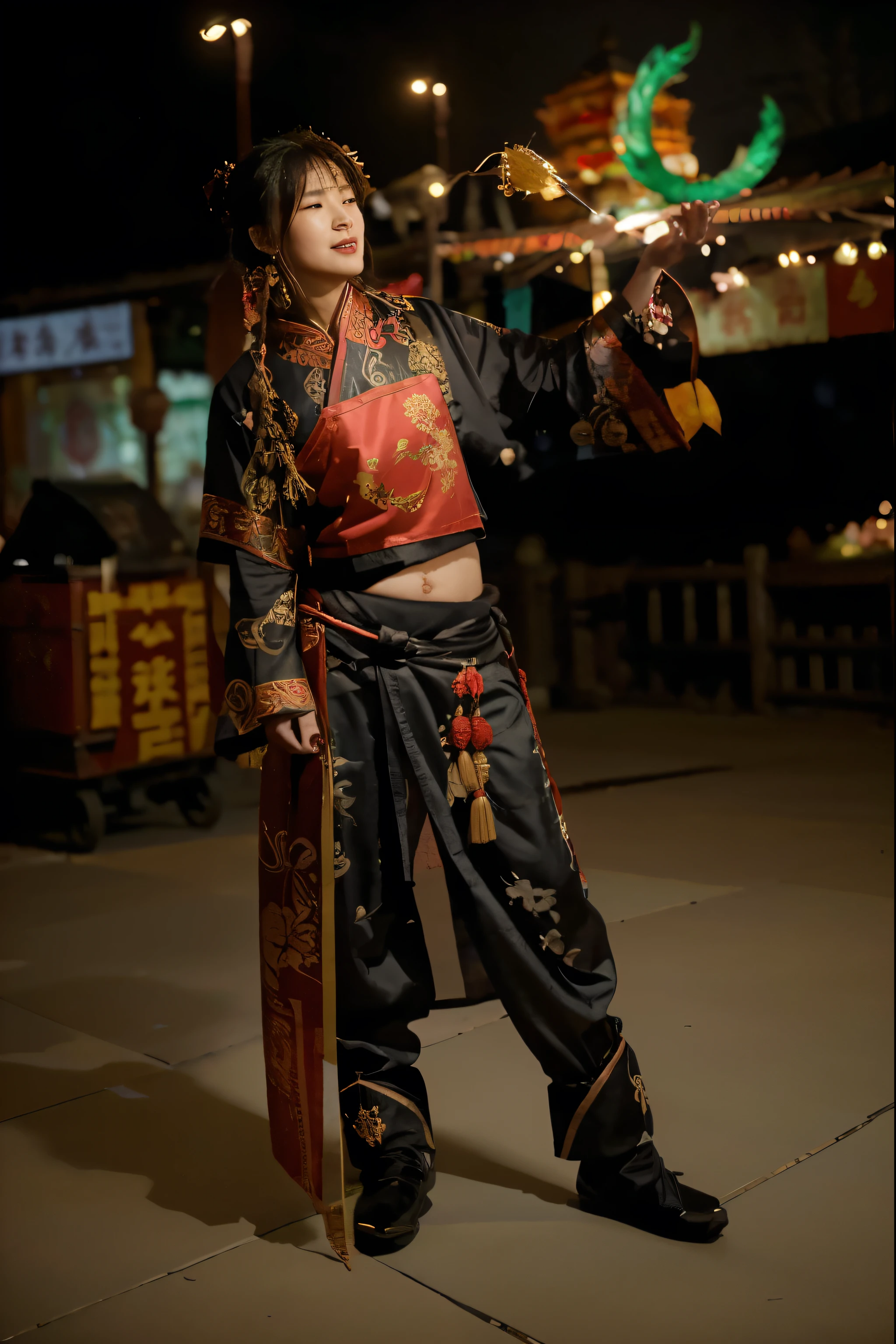 (Best quality, 8k, 32k, Masterpiece, UHD:1.2), Transform the setting into the vibrant city of Liyue, filled with the festive spirit of the Chinese New Year. The streets are adorned with bright red lanterns, intricate banners, and traditional decorations symbolizing prosperity and good fortune. The architecture reflects Liyue's unique blend of traditional Chinese design with fantastical elements, showcasing towering pagodas, curved rooftops, and intricate carvings. The night sky is illuminated with a dazzling display of fireworks, casting a warm glow over the city and creating reflections in the nearby waterways.

The central square is the heart of the celebration, where ornate stages are set up for traditional performances like lion dances and music. Market stalls line the streets, offering a variety of festive foods, from steamed buns to tangyuan, adding to the lively atmosphere. The air is filled with the sounds of laughter, firecrackers, and the distant hum of music. The buildings are decorated with glowing lanterns and paper scrolls bearing auspicious messages.

In the background, the majestic mountains of Liyue stand tall, their peaks lightly dusted with water, adding a serene contrast to the bustling festivities. The entire scene captures the joyous and communal spirit of the Chinese New Year, with an emphasis on tradition and celebration.