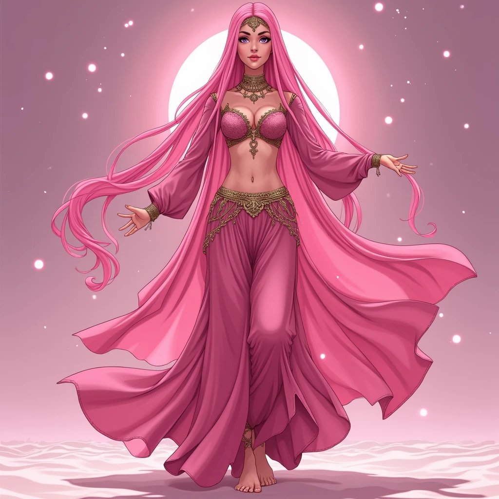 Tall Women,solo,Long pink hair, Bright pink, whole body, Standing pose, Bright pinkの衣装, Arabian Nights, Long and wide, billowing belly dance harem pants, Face Veil, Long veil, barefoot, anime