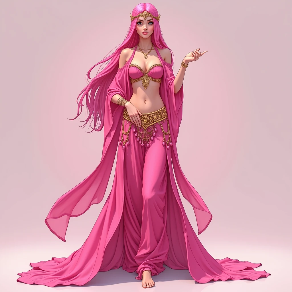 Tall Women,solo,Long pink hair, Bright pink, whole body, Standing pose, Bright pinkの衣装, Arabian Nights, Long and wide, billowing belly dance harem pants, Face Veil, Long veil, barefoot, anime
