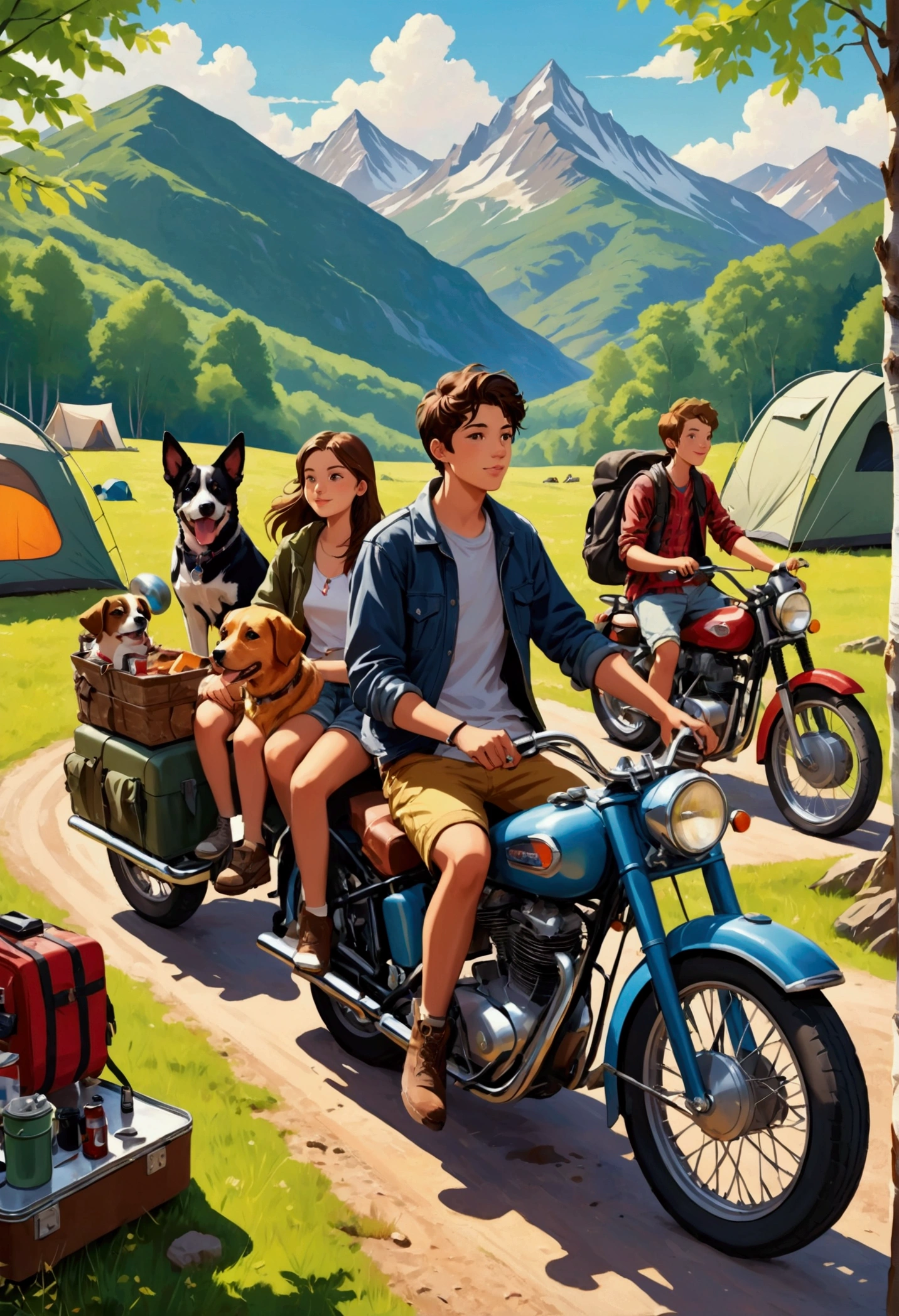 Young people on a trip on an American-type motorcycle, multiple people, camping, friendship, youth, countryside, mountains, dog friends, best picture quality.