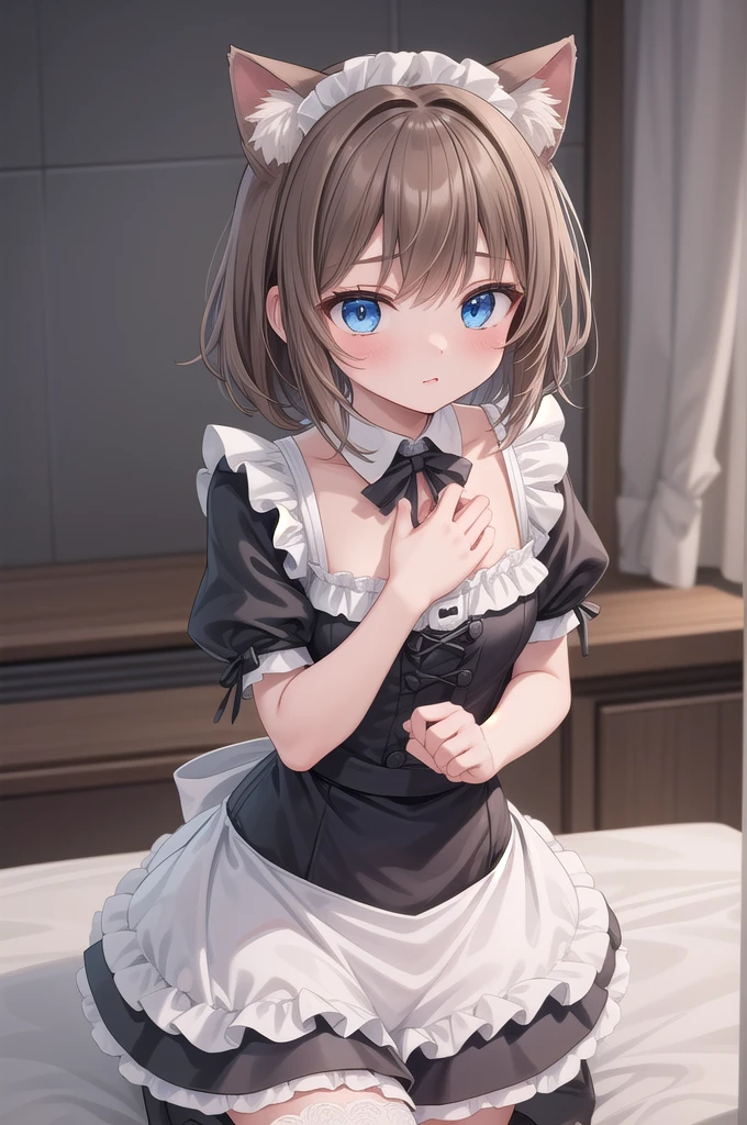 Solo Girl, 20-year-old,Medium Hair, Light brown hair, Mid-chest, highest quality, High resolution, Very detailed, Detailed Background, Perfect lighting、Extreme maid outfit、very cute, Blue eyes, a pair of cat ears, Blush, white silk socks, lace, stand