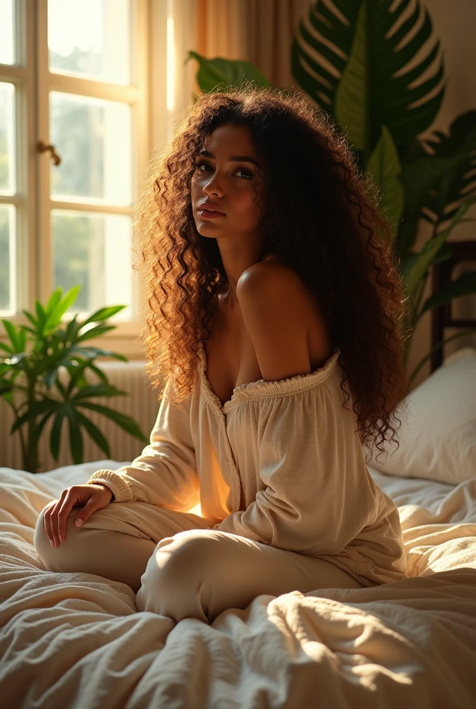(photorealism:1.2), beautiful woman, sitting on bed, wearing loose off-shoulder top, pajama pants, long curly hair, indoors, soft lighting, plants in background, window with sunlight, cozy room, relaxed pose, realistic, intricate details, warm colors, by Greg Rutkowski, by Alphonse Mucha