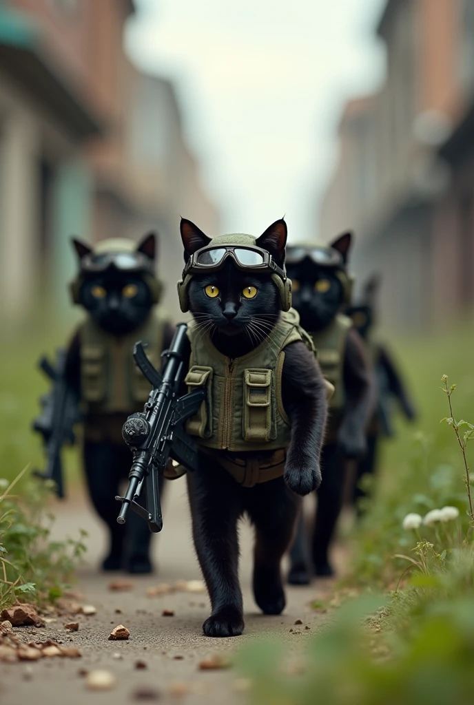 Créer une image de chats noirs marchant en formation militaire, vêtus d'équipements tactiques et portant des fusils."