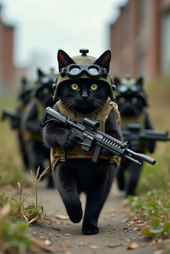 Créer une image de chats noirs marchant en formation militaire, vêtus d'équipements tactiques et portant des fusils."