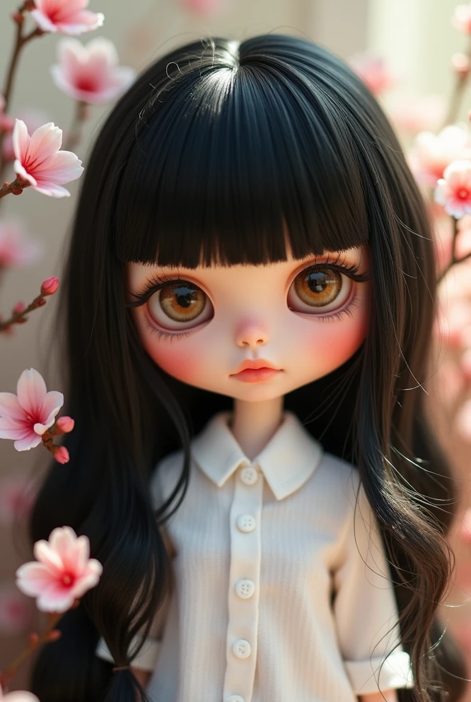 Blythe doll with black layered hair, DOESN'T HAVE A HAIR BANGS, a small brown eyes that looks like a cat’s eyes, is wearing a white shirt and DOESN’T HAVE A CAT EARS. 