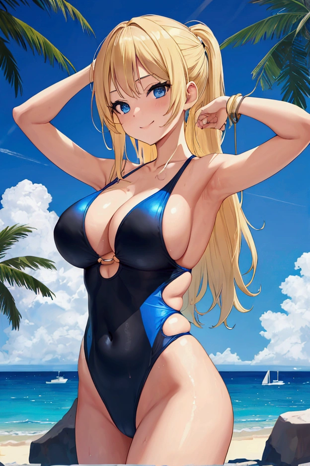 1girl, breasts, swimsuit, blonde_hair, solo, long_hair, blue_eyes, outdoors, navel, one-piece_swimsuit, cleavage, smile, looking_at_viewer, beach, day, sky, large_breasts, armpits, huge_breasts, thighs, black_one-piece_swimsuit, blue_sky, arm_up, collarbone, ocean, arm_behind_head, o-ring, rock, slingshot_swimsuit, closed_mouth, tree