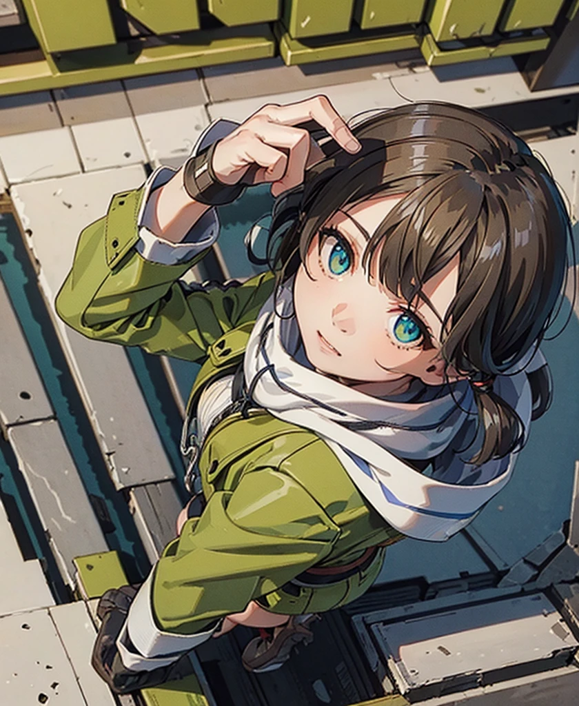 (masterpiece), Highest quality, Expressive eyes, Perfect Face, High resolution, Chinon 1, A long white scarf with a black line down the middle, Fingerless gloves, Long sleeve, Short shorts, hair ornaments, Hair Clip, Green knee socks,Short green jacket, Thigh straps, Field, ,Hard boots ruins background, Destroyed building, Are standing, Portraiture, Looking at the audience, (From above:2)