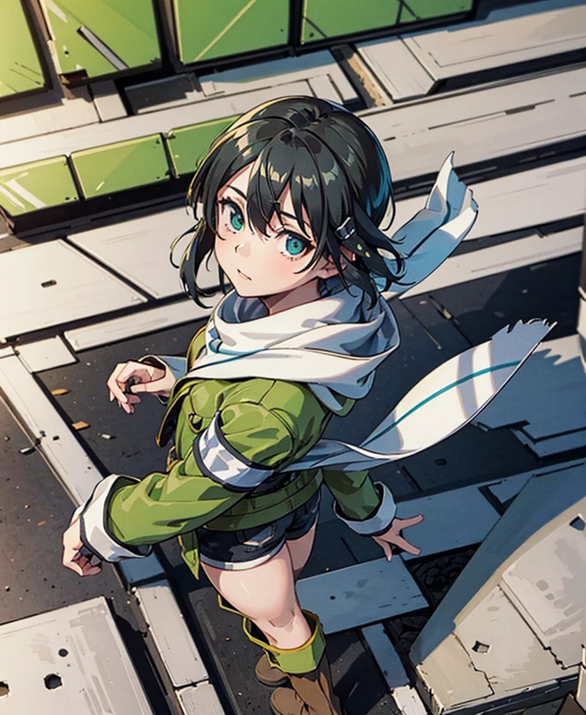 (masterpiece), Highest quality, Expressive eyes, Perfect Face, High resolution, Chinon 1, A long white scarf with a black line down the middle, Fingerless gloves, Long sleeve, Short shorts, hair ornaments, Hair Clip, Green knee socks,Short green jacket, Thigh straps, Field, ,Hard boots ruins background, Destroyed building, Are standing, Portraiture, Looking at the audience, (From above:2)