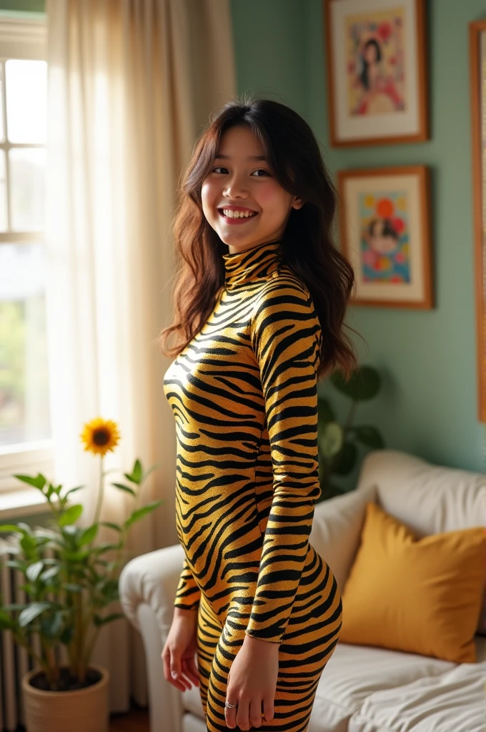 The beautiful asian ager girl with beautiful cheeks wears golden zebra lycra turtleneck unitard catsuit covered with stripes and lycra elastane dancewear hood.She is happy at home.