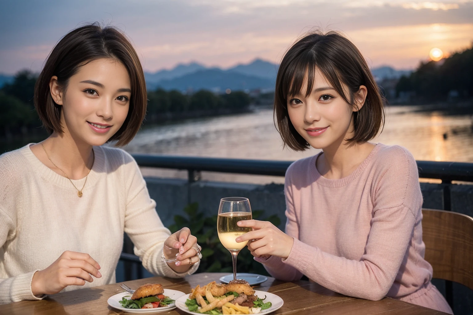 (Realistic:1.1),(masterpiece,Highest quality),8k,(49 years old), 53 years old, ベリーslimボディ、slimカップル、Tight waist,Upper Body,full-course dinner、wine 、Amazing view of the sunset sky and clouds、Perfect Anatomy, Brown Hair, short hair,Random Hairstyles,((Highly detailed face and eyes:1.2)),Perfect golden ratio face,Long sleeve shirt、dress,(smile:1.2)、Shortcuts、cute、(Realistic, Intricate details:1.2), A bright smile、short hair,Bright Face、赤wine 、Appetizers、Italian food、wine bottle、Champagne、スパークリングwine、(slimな顔), (The body is slim), (Brown Hair), (Shortcuts), Upper Body, 白wine, slim, wineグラス,