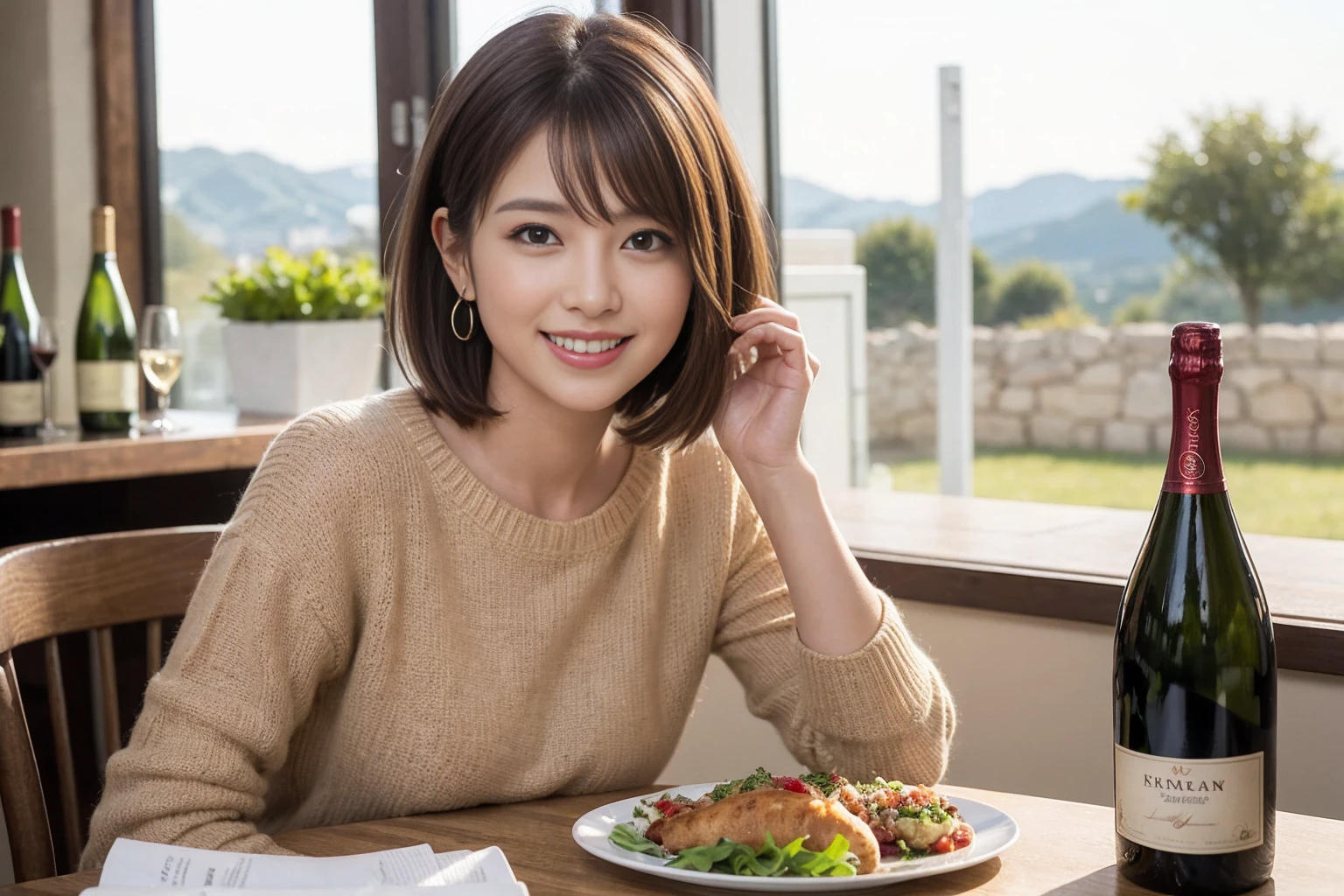 (Realistic:1.1),(masterpiece,Highest quality),8k,(49 years old), 53 years old, ベリーslimボディ、slimカップル、Tight waist,Upper Body,full-course dinner、wine 、Amazing view of the sunset sky and clouds、Perfect Anatomy, Brown Hair, short hair,Random Hairstyles,((Highly detailed face and eyes:1.2)),Perfect golden ratio face,Long sleeve shirt、dress,(smile:1.hortcuts、cute、(Realistic, Intricate details:1.2), A bright smile、short hair,Bright Face、赤wine 、Appetizers、Italian food、wine bottle、Champagne、スパークリングwine、(slimな顔), (The body is slim), (Brown Hair), (Shortcuts), Upper Body, 白wine, slim, wineグラス,