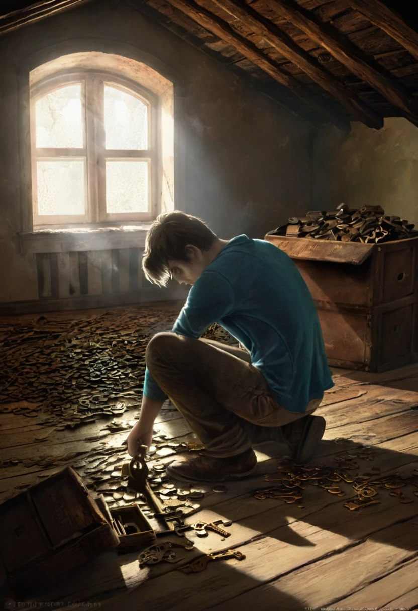 Ben Finds the Rusted Key: A dimly lit attic filled with dusty old boxes and forgotten items. Ben, a young man in his 30s, crouches down, holding a small, rusted key he just found. The key is worn and ancient, with an aura of mystery surrounding it. Light from a small attic window casts long shadows across the room, giving the scene an eerie atmosphere.
