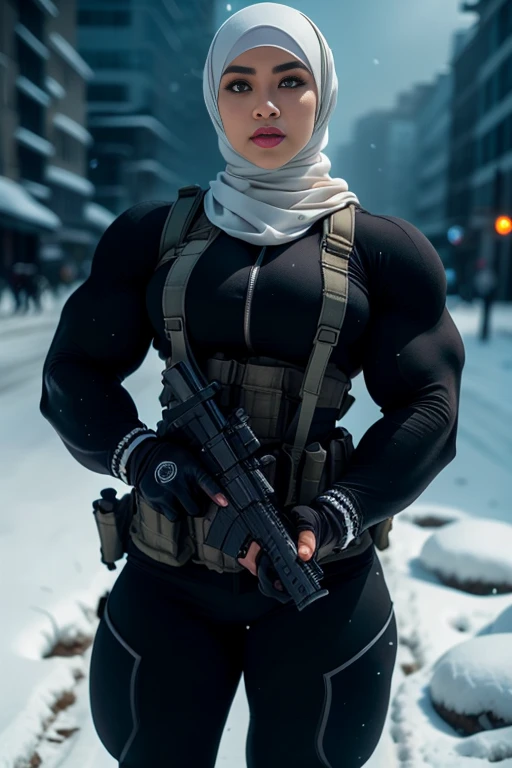 Photorealistic, high resolution, 1 malay woman in hijab, Solo, Hips up, Snow background，view the viewer, (Detailed face), White hijab, SWAT vests, sniper rifle handle, Black military uniform, bulletproof vest, Holding an assault rifle, M16, Inside the city, Very detailed, Perfect face, Black eye, jewelry, (full body view)