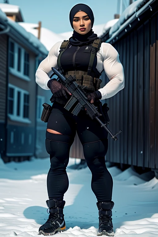 Photorealistic, high resolution, 1 malay woman in hijab, Solo, Hips up, Snow background,view the viewer, (Detailed face), White hijab, SWAT vests, sniper rifle handle, Black military uniform, bulletproof vest, Holding an assault rifle, M16, Inside the city, Very detailed, Perfect face, Black eye, jewelry, (full body view)