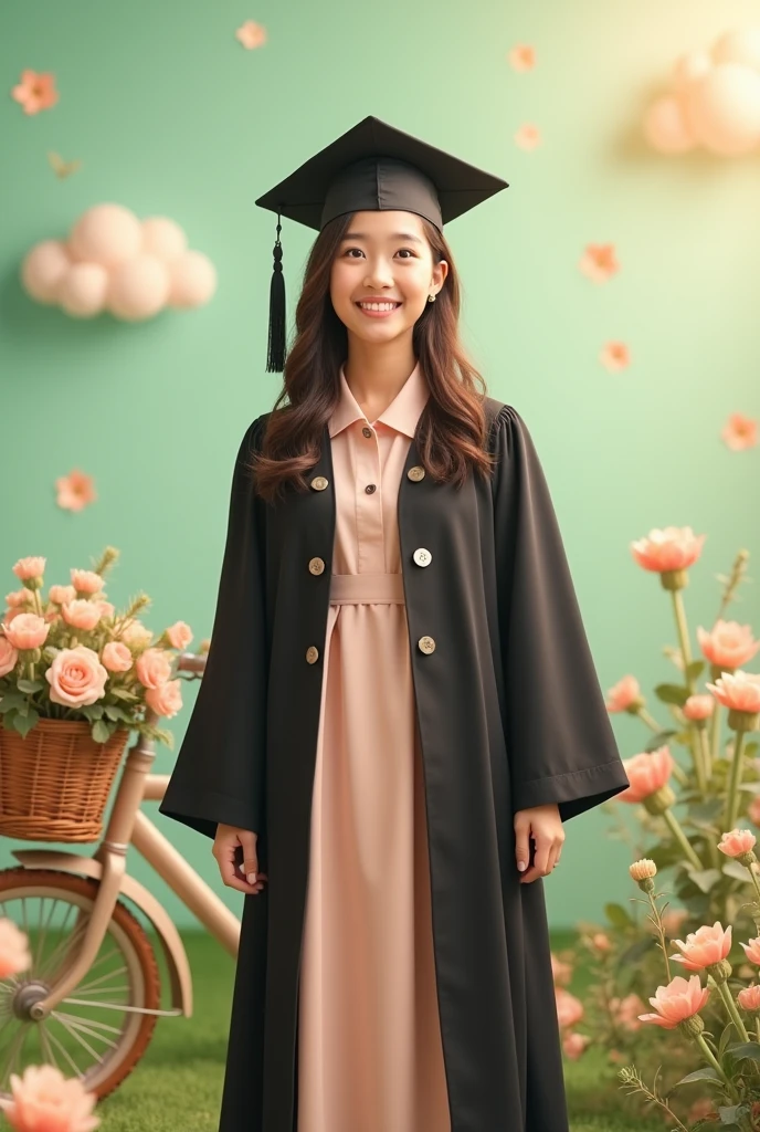 Consept art photography, full body, a girl , wearing hijab, wearing black graduation hat, Wearing pastel brown graduation gown, pastel green theme background, bicycle background with flower basket,pastel brown flowery effect, pastel brown lighting effect, kawaii design background, bright results, perfect pose.