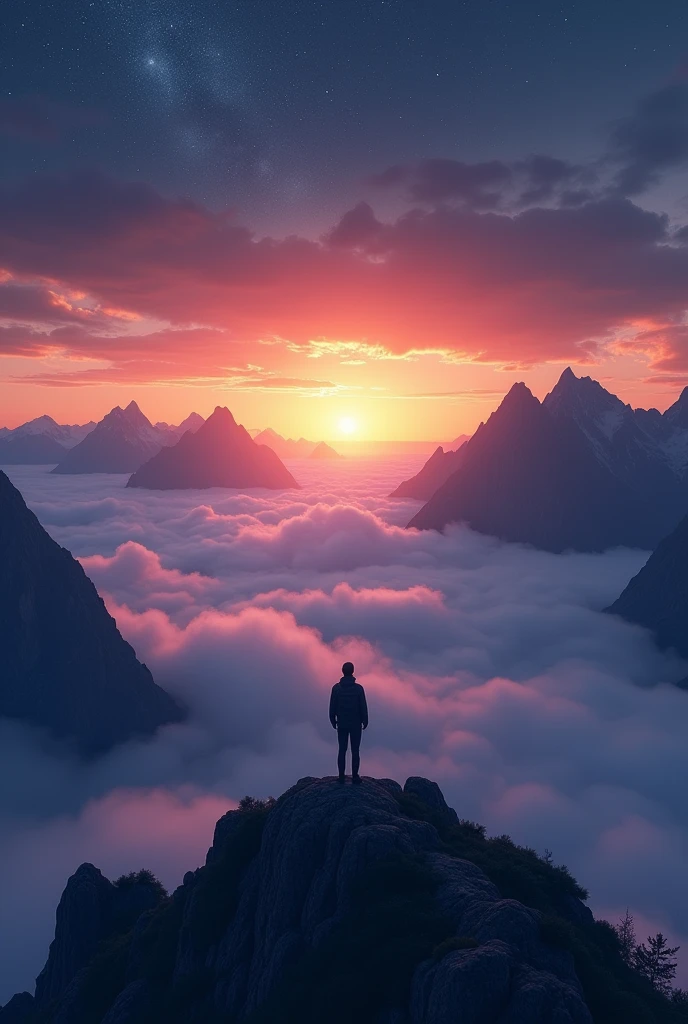 Dusk, sea of clouds, mountain ranges, viewed from a high place.