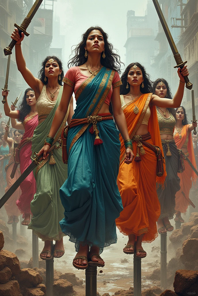 Some women are standing on rods, many are very angry, all have swords in their hands, some are wearing T-shirts, some are wearing sarees, some are wearing kurta pajama.