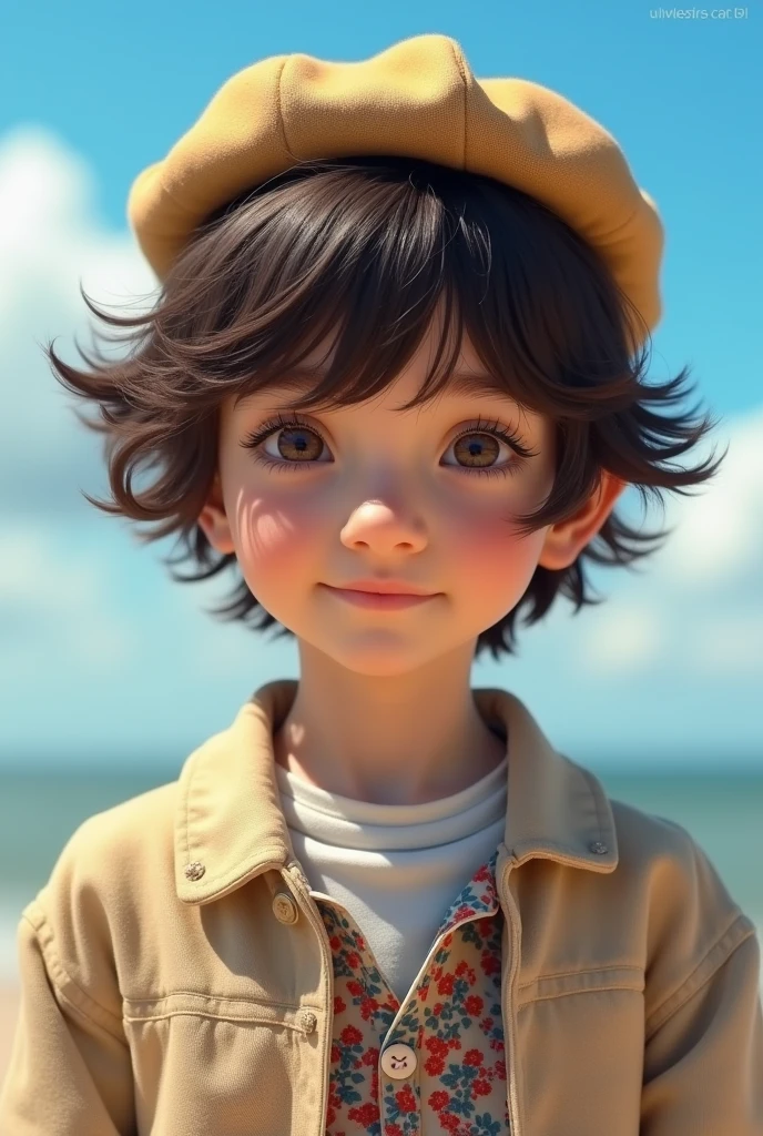 4K Vivid Child Girl, 19 years old, boys, gram, naturals, Messy hair, Dark Brown Short Hair, hazel eyes, glare eyes, Photographic model, peasant dress , Homem pequeno, masculine, blue sky , beige linen jacket , and beret , social short hair, boy , gel hairstyle