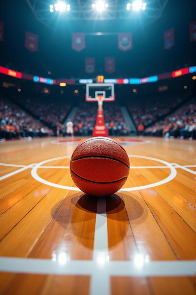 Un ballon de basket au milieu d'un terrain de basket
