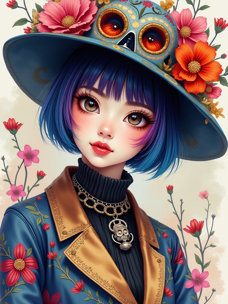 Prompt:
8K quality, watercolor painting, stylish design, (((The strongest beautiful girl of all time))), (((Japanese))), Fashionable hats, (((highest quality))), bob hair, HDR, ((Detailed details)), skull fashion, detailed clothing texture, (((graffiti art))), colorful hair, ((masterpiece))、((Super detailed))、colorful flowers