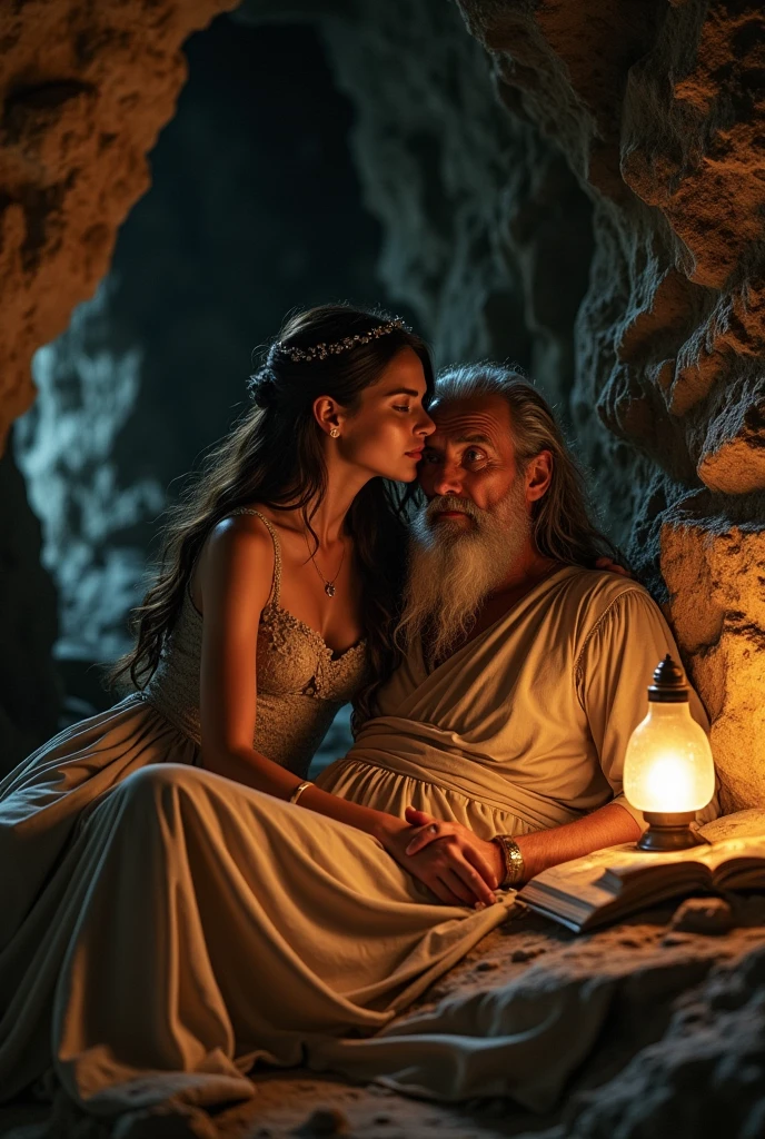 Two beautiful women and an elderly man are kissing, wearing sensual clothing from biblical times. The women have long, enchanting hair and are 15 years old. The man has a white beard and gray hair, and he is lying down. In the cave, there is a beautiful ancient bottle, illuminated by a lantern.
