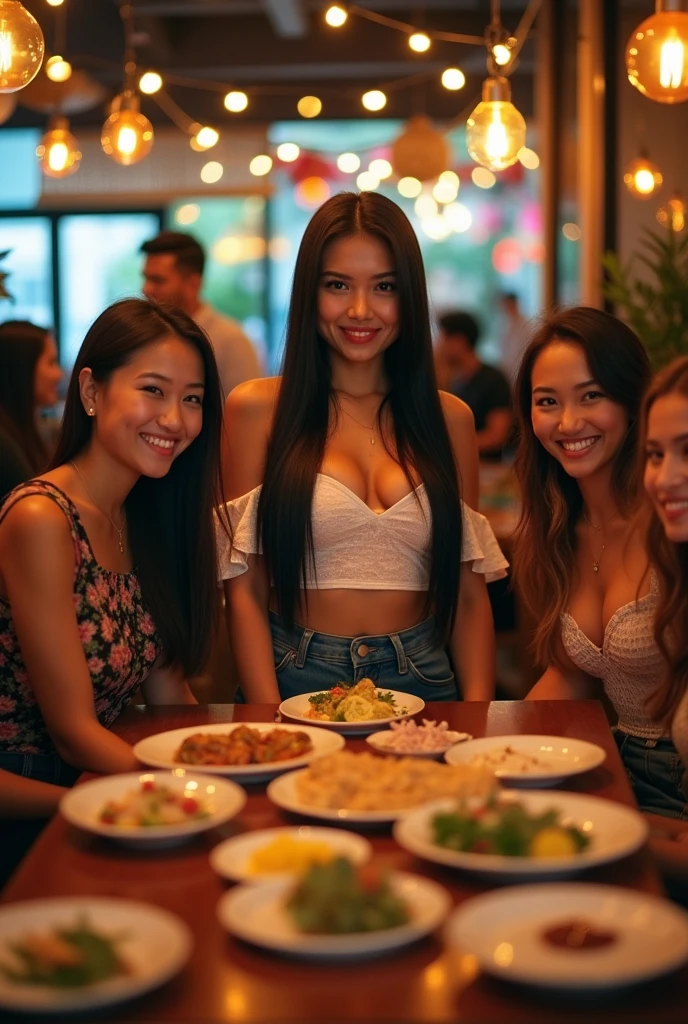 A beautiful asian women, long straight black hair, big breast, big breasts , big tits , busty, big chest,double eyelids, beautiful face, hd, realistic detailed, wearing a sexy off shoulder top, jeans,at the restaurant, with her best friends, girlfriends, friends, with best friends , foods on table , with her best friends, taking pictures, everyone posing for the camera