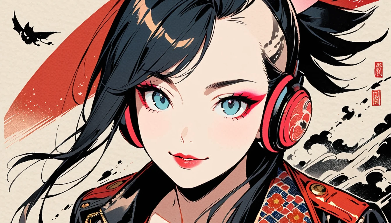 (((Ink Painting))), (((from above))), (((1 female))), (((Leather jacket with Japanese patterns))), (((Mohawk))), (((Very flashy makeup))), Japanese style headphones, devil, face close-up, front view, Japan人の美少女, Black Hair, Delicate and precise, Modern ukiyo-e style,Japan, Droopy eyes, round face, smile, Fuller lips, vivid color
