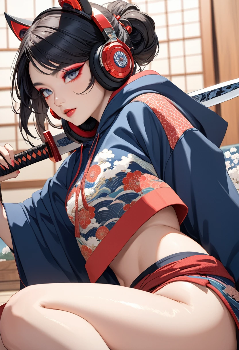 ((Masterpiece)), ((best quality)), (Anime:1.3), (super detail:1.2), (High Definition:1.3), (Professional Photography:1.3), (()), (((1 girl))), (((Flashy makeup))), (((Japanese style headphones))), (((Japanese pattern hoodie))), (((Japanese sword))), (((Female samurai))), Japanese beautiful girl, Black Hair, Delicate and precise, Modern ukiyo-e style, Japanese flag, red and blue neon