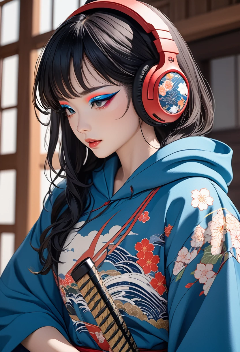 ((Masterpiece)), ((best quality)), (Anime:1.3), (super detail:1.2), (High Definition:1.3), (Professional Photography:1.3), (()), (((1 girl))), (((Flashy makeup))), (((Japanese style headphones))), (((Japanese pattern hoodie))), (((Japanese sword))), (((Female samurai))), Japanese beautiful girl, Black Hair, Delicate and precise, Modern ukiyo-e style, Japanese flag, red and blue neon