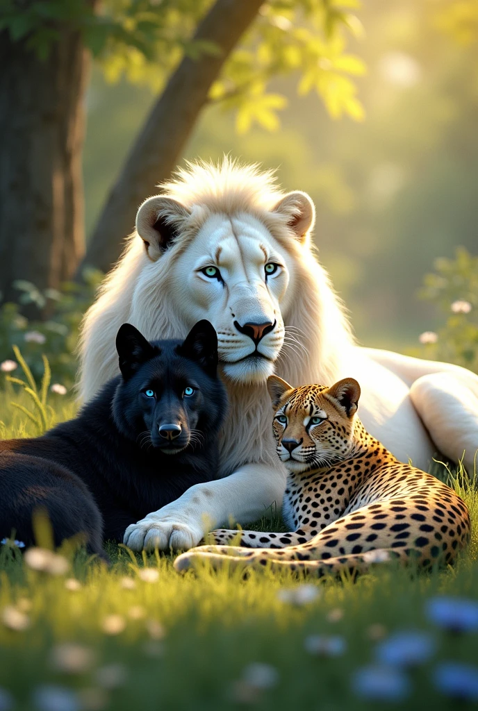 white lion with blue eyes, black wolf with blue eyes, blue-eyed leopard and aquamarine-eyed cheetah, everyone lying together