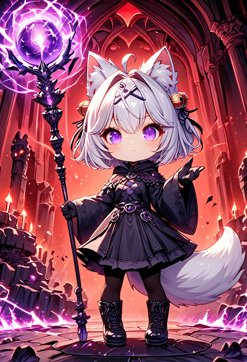 master piece, best quality, ultra-detailed, illustration, midnight, battlefield, gloomy atmosphere, red moon, broken castle, broken walls, ruins, purple flames, purple lightning, 1girl, solo, chibi, (big head), cute pose, front view, looking at viewer, ((full body Close up)), chubby, fat, filian, filianoverall, Filiansailor, ((white hair)) , short hair, shoulder length hair, fly-away hair, bangs, hairclip, purple hair ornament, cat ears, (hair bell:1.3) ahoge, purple eyes, closed mouth, smiling, (white fox tail), (black tattered robe), long gown, black arm sleeves, (black gloves) , wielding orbstaff, black stockings, black boots
