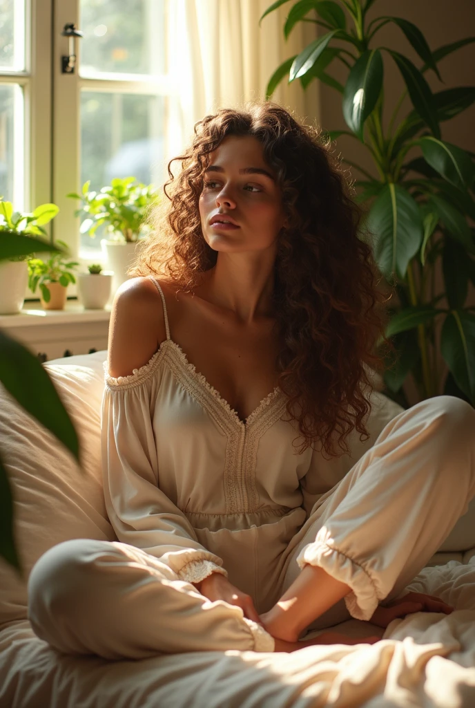 (photorealism:1.2), beautiful woman, sitting on bed, wearing loose off-shoulder top, pajama pants, long curly hair, indoors, soft lighting, plants in background, window with sunlight, cozy room, relaxed pose, realistic, intricate details, warm colors, by Greg Rutkowski, by Alphonse Mucha