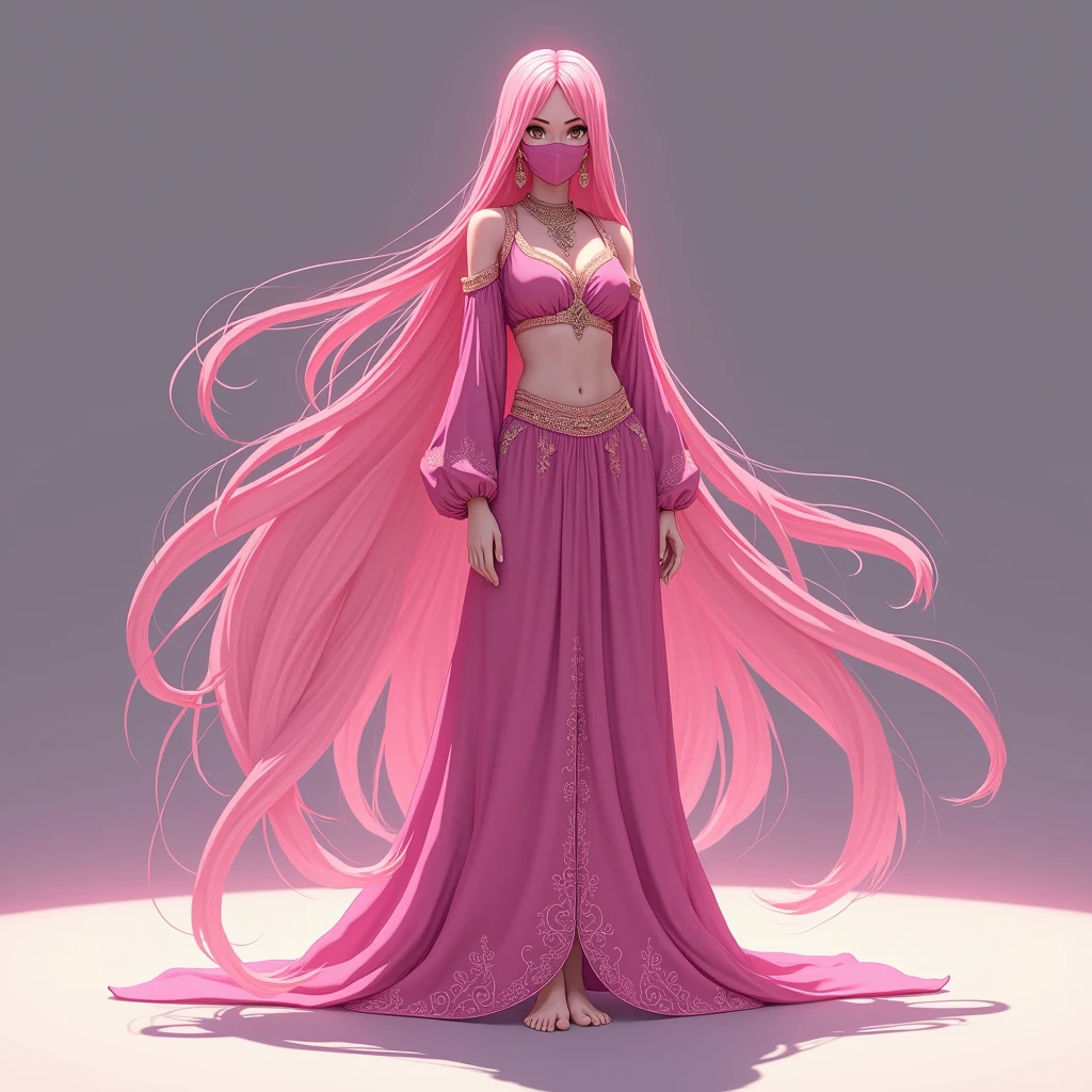 Tall Women,solo,Long pink hair, Bright pink, whole body, Standing pose, Bright pinkの衣装, Arabian Nights, Long and Wide Harem Pants, Face Veil, Long veil, barefoot, anime