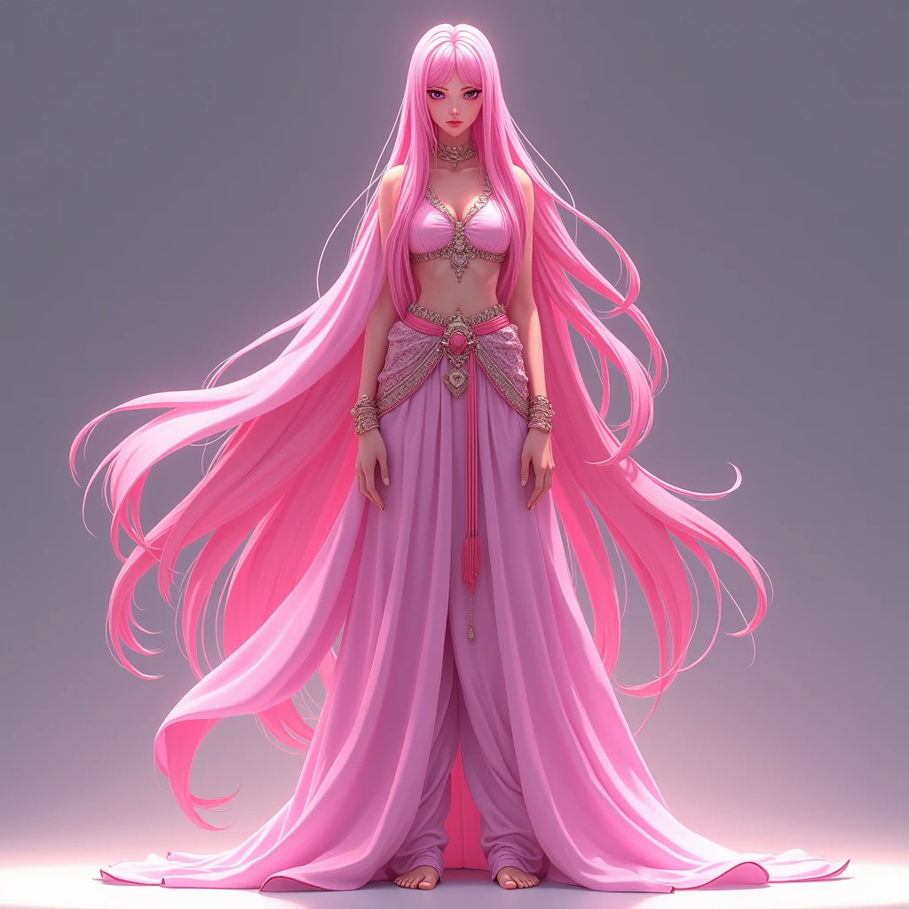 Tall Women,solo,Long pink hair, Bright pink, whole body, Standing pose, Bright pinkの衣装, Arabian Nights, Long and Wide Harem Pants, Face Veil, Long veil, barefoot, anime