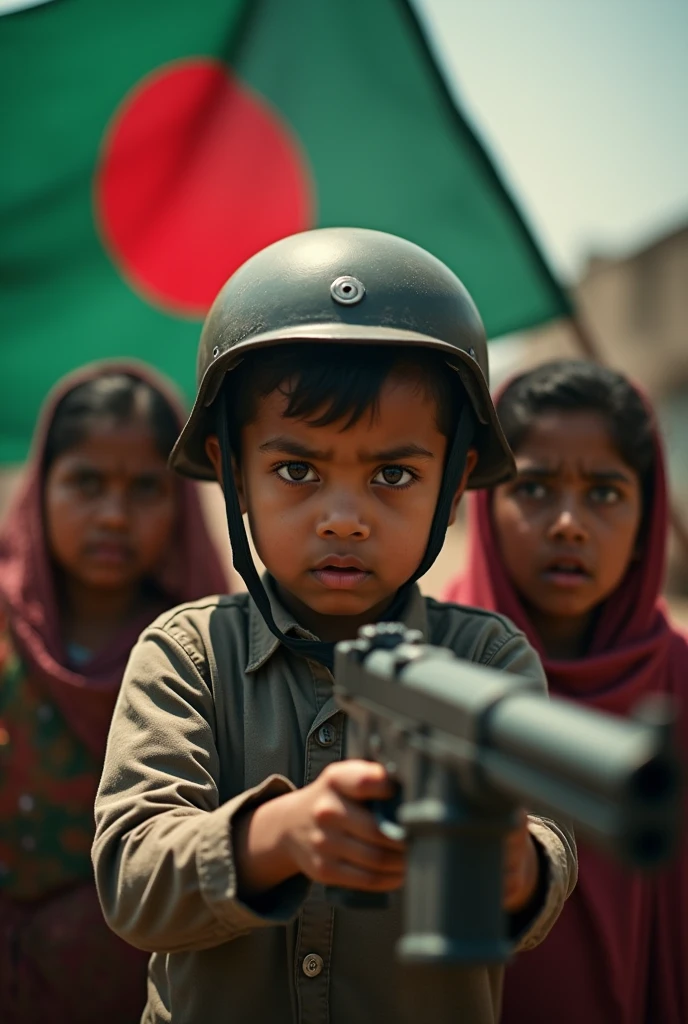 A boy wearing a helmet and he have a gun in the position of killing two woman and the two woman are scared and the flag of Bangladesh is behind