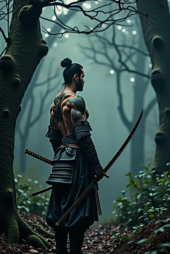 samurai in 4k full of scars on his body fighting with a sword in his hand in a dark forest cinematic scene lens blur