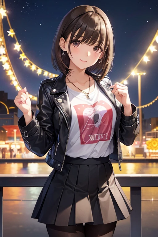 anegasaki nene、Shiny brown hair, short hair, (Beautiful brown eyes、Sparkling eyes, Fine grain)、smile、Ultra-detailed eyes、Highly detailed face, Highly detailed eyes,
short hair, She's wearing earrings and a necklace. She's dressed like a punk rocker. ( She's wearing a white T-shirt with a rock band print., She's wearing a checkered skirt and a leather jacket with a tattoo, pantyhose ), ( She's riding on a brightly lit amusement park ride on a starry night ), ((( parade, Are standing )))