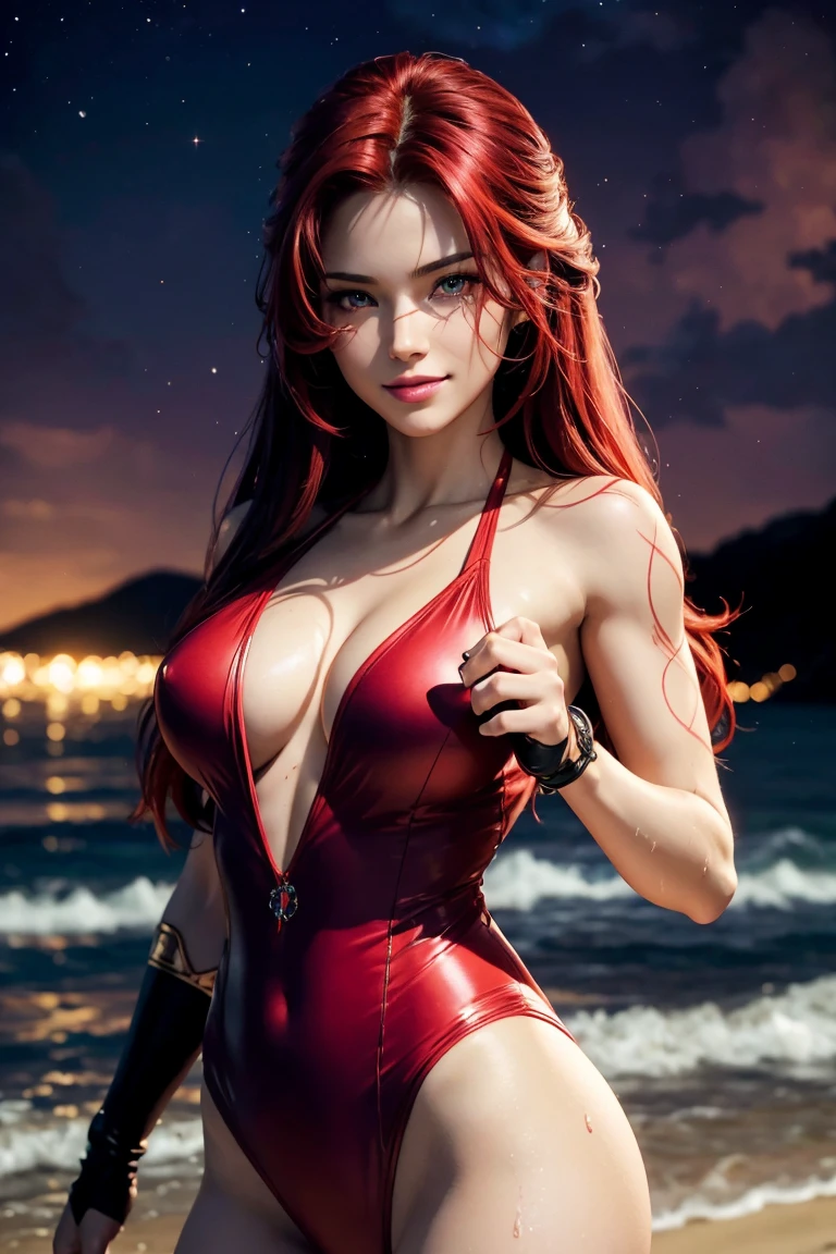 I want to be a powerful figure behind the scenes!,Iris Midgar,Red hair,long hair,Outside flip,Beautiful red eyes,Beautiful white skin,Photorealistic,Ultra HD,high quality,masterpiece,Digital SLR,Detailed details,Intricate details,Anatomical basis,Depicted in detail,A detailed face,Realistic skin texture,Vivid details,Perfect Anatomy,Perfect Anatomy,Anatomically correct hand,Anatomically correct fingers,Super Detail,Complex 3D rendering,Sexy pose,Red swimsuit,Wet,Beautiful night sky,A beach with a beautiful starry sky,Fantasy worldview,Picturesque,Pink Lips,smile,