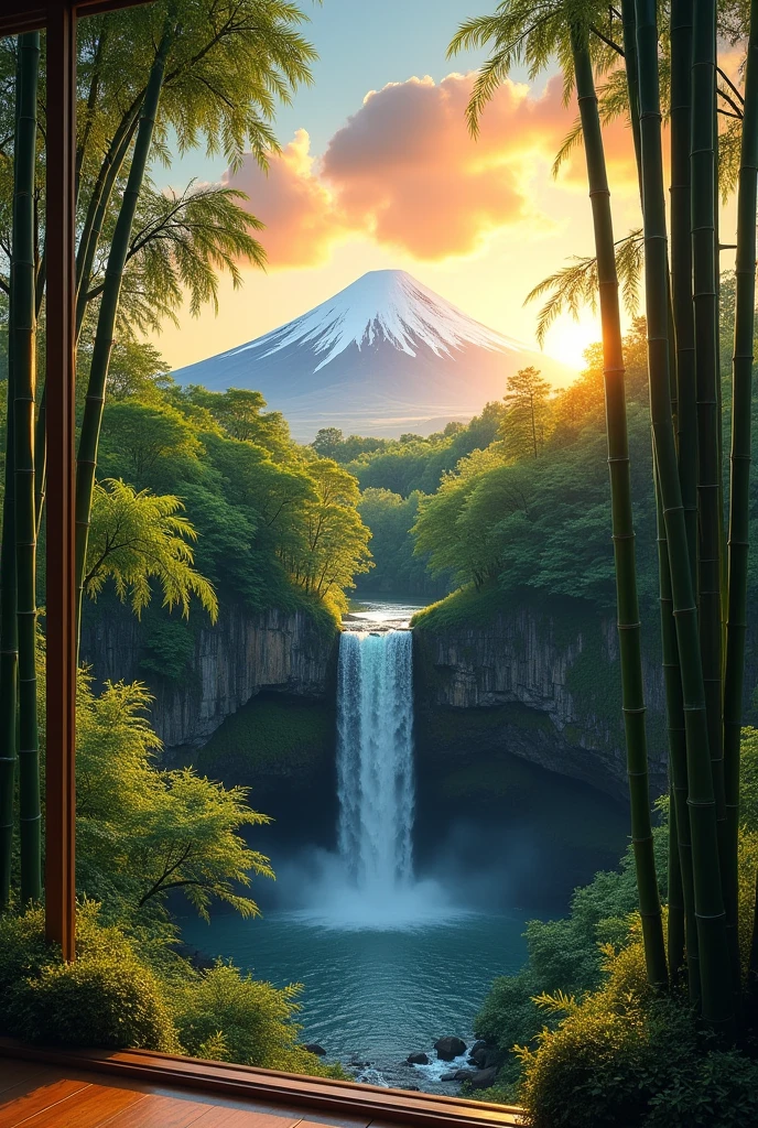 Fuji Mountain　Waterfall basin　bamboo forest　Golden Cloud　near　window　Lots of greenery